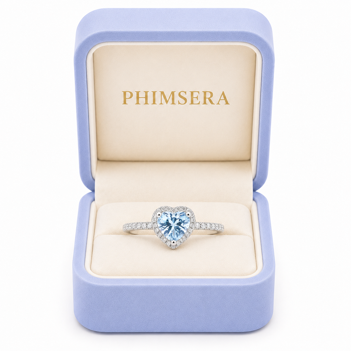 Natural aquamarine heart-shaped March birthstone ring presented in luxury gift box