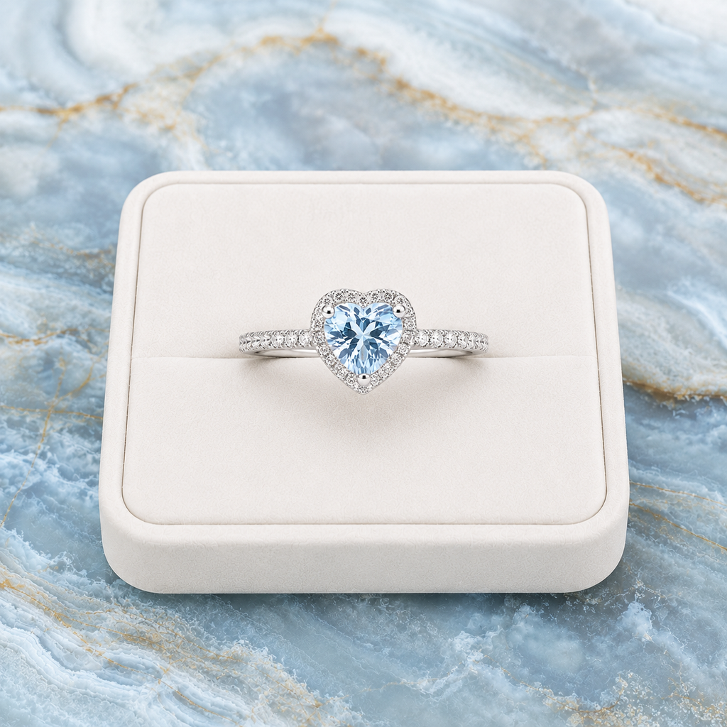 Natural 6mm heart-cut aquamarine ring with sparkling cubic zirconia halo in sterling silver