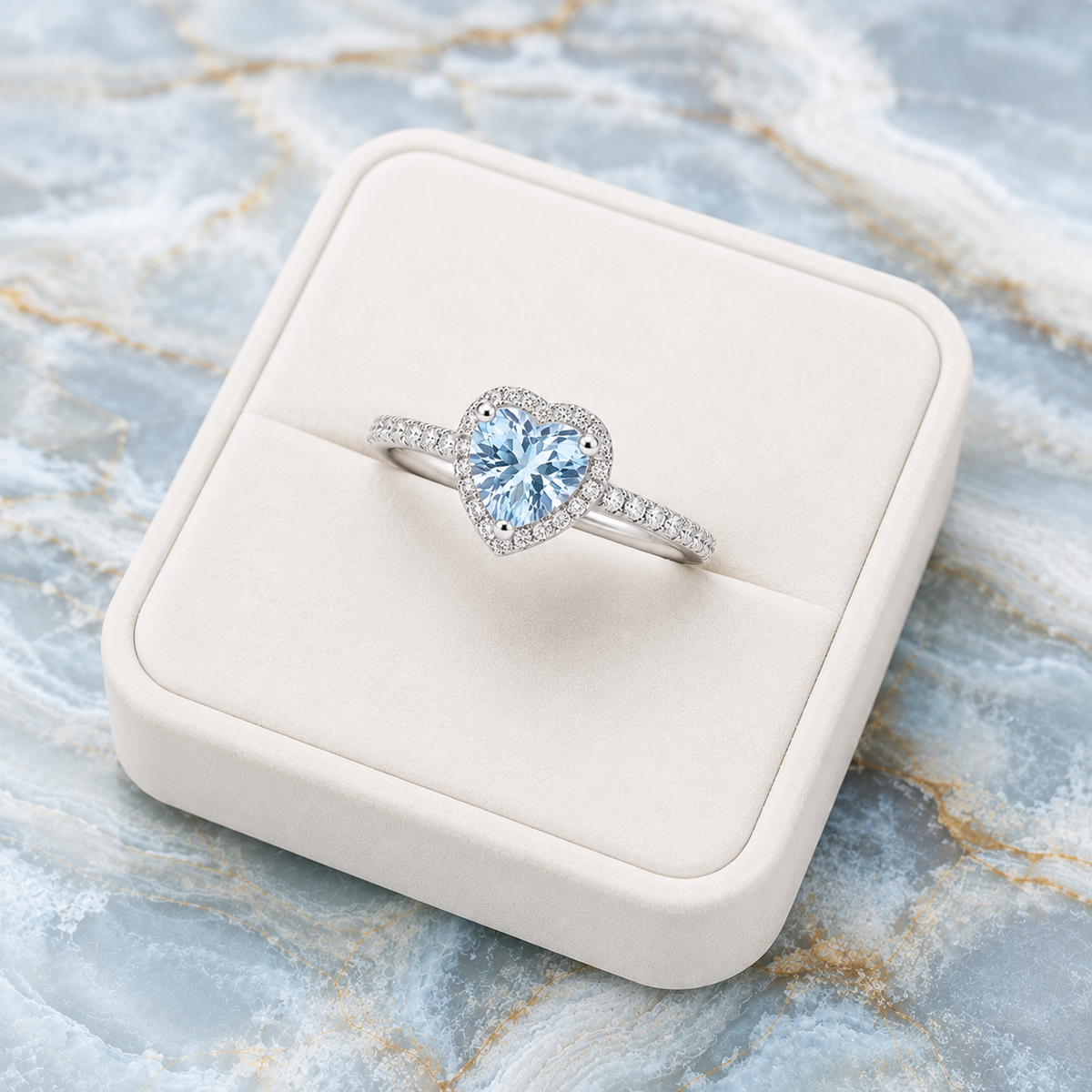 Natural 6mm heart-cut aquamarine ring with sparkling cubic zirconia halo in sterling silver