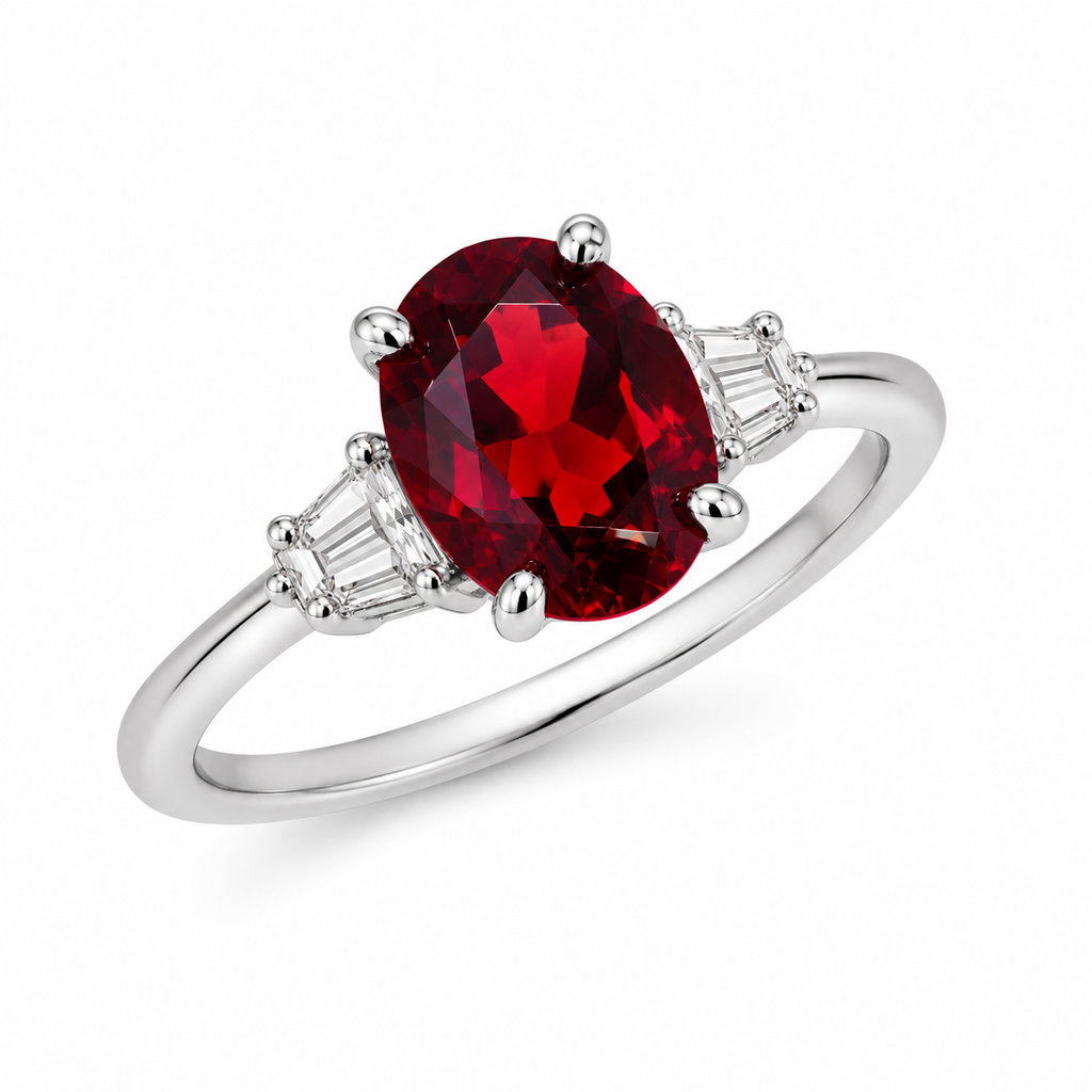 Natural 7x9mm oval red garnet solitaire ring with tapered cubic zirconia accent stones in sterling silver.