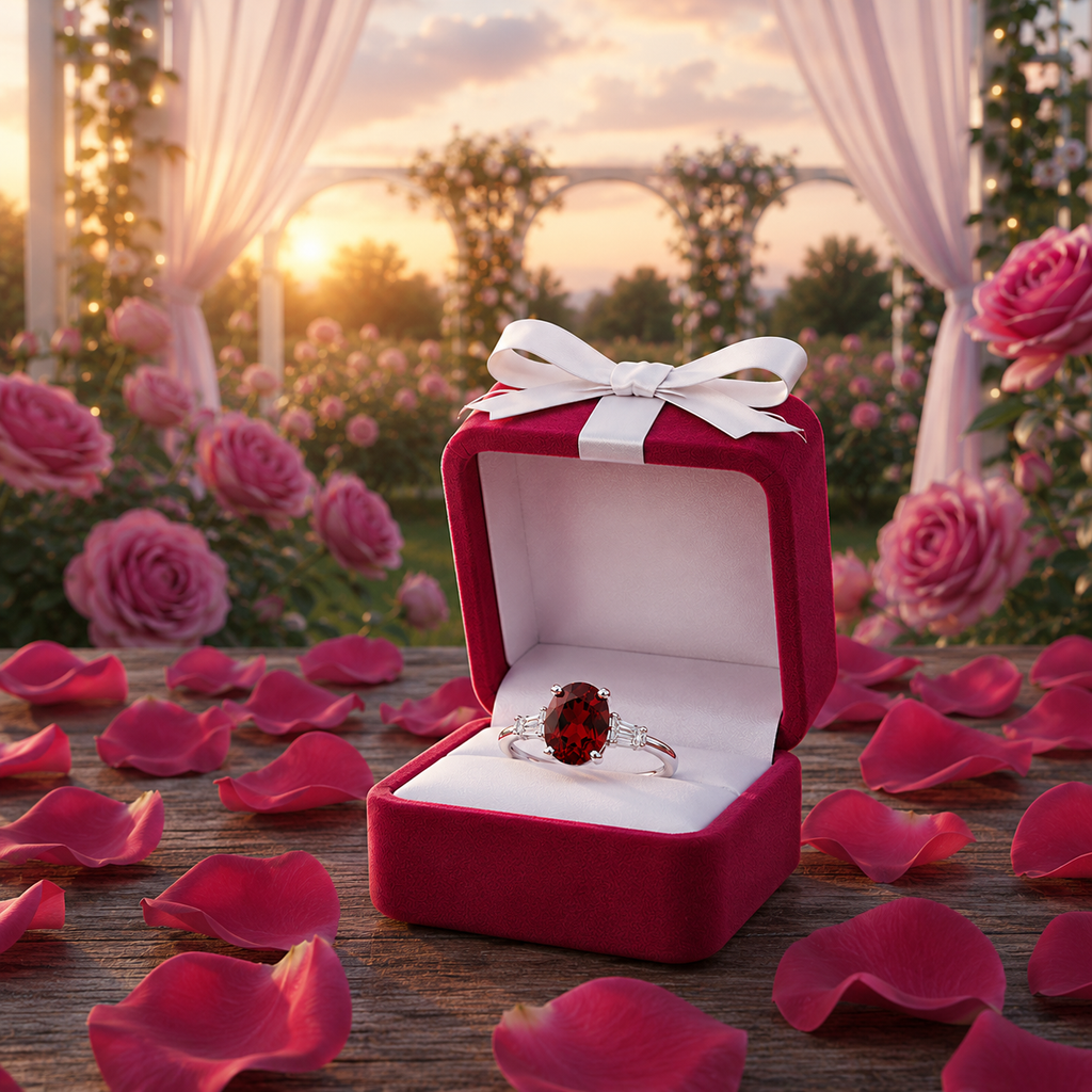 Natural 7x9mm oval red garnet solitaire ring with tapered cubic zirconia accent stones in sterling silver.