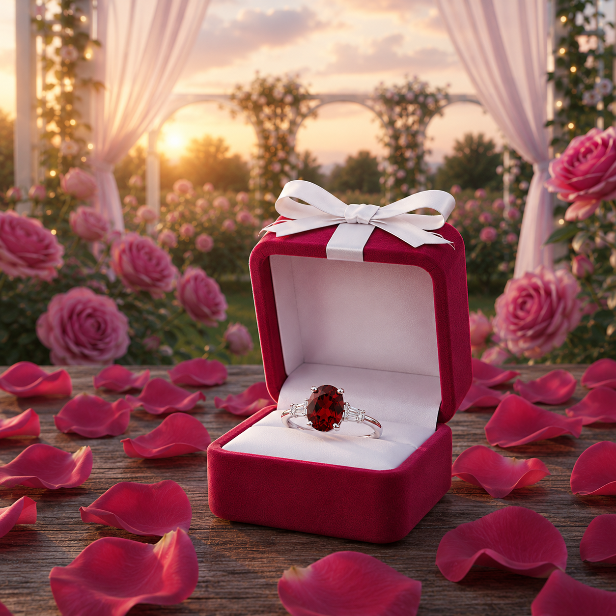 Natural 7x9mm oval red garnet solitaire ring with tapered cubic zirconia accent stones in sterling silver.