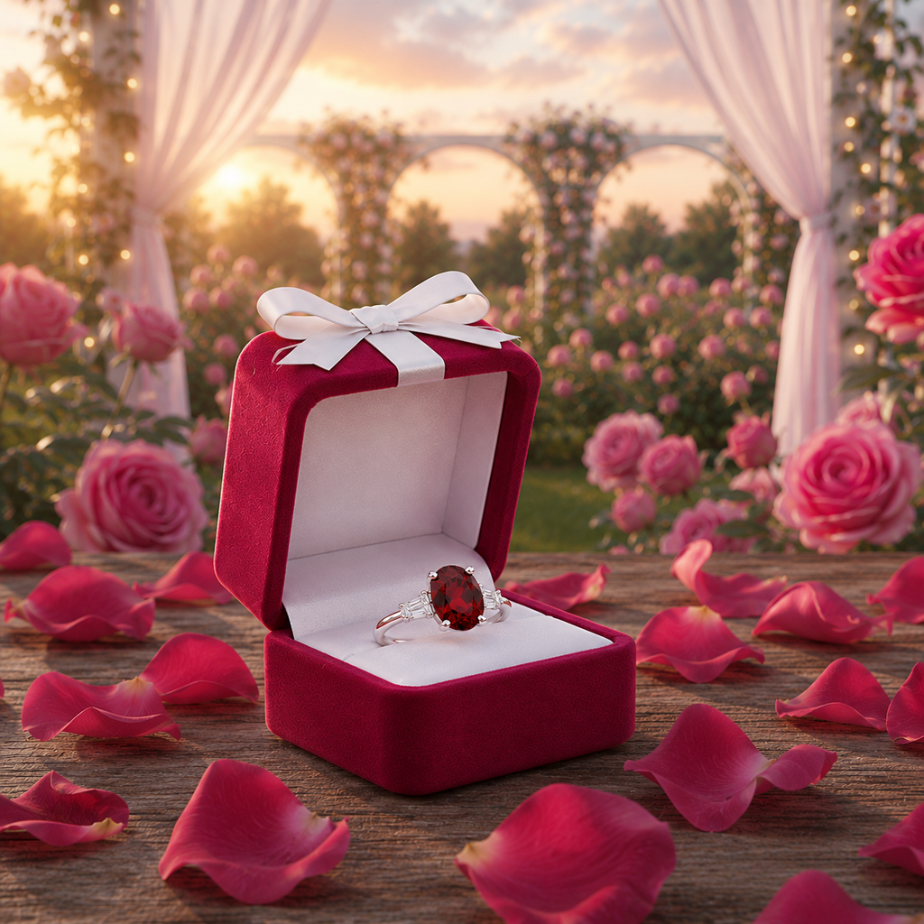 Natural 7x9mm oval red garnet solitaire ring with tapered cubic zirconia accent stones in sterling silver.