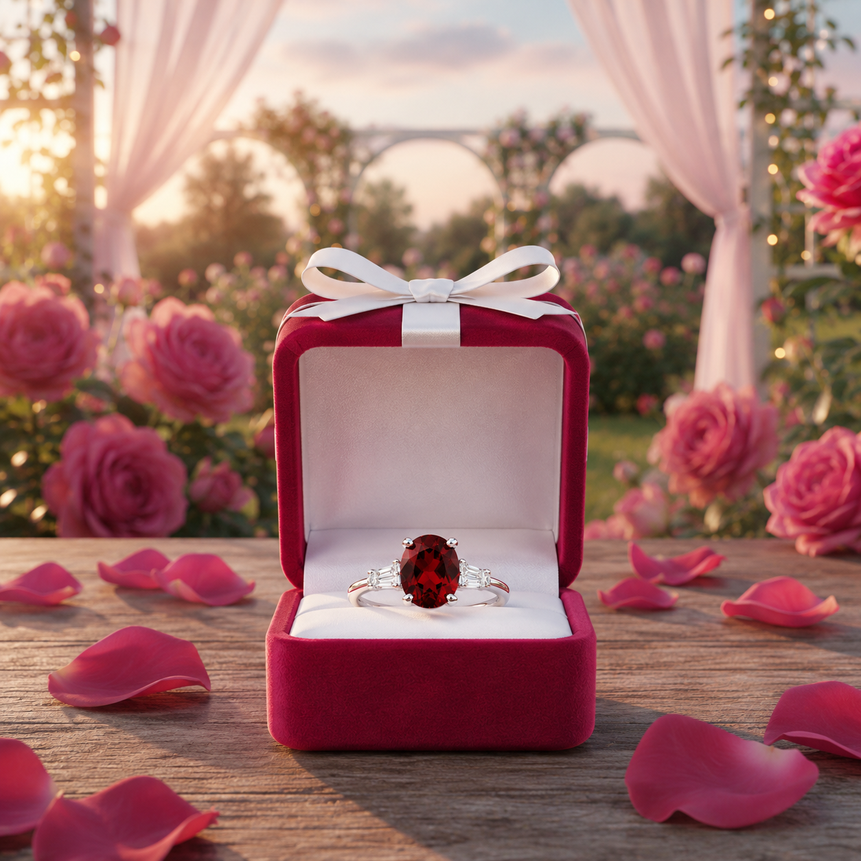 Natural 7x9mm oval red garnet solitaire ring with tapered cubic zirconia accent stones in sterling silver.