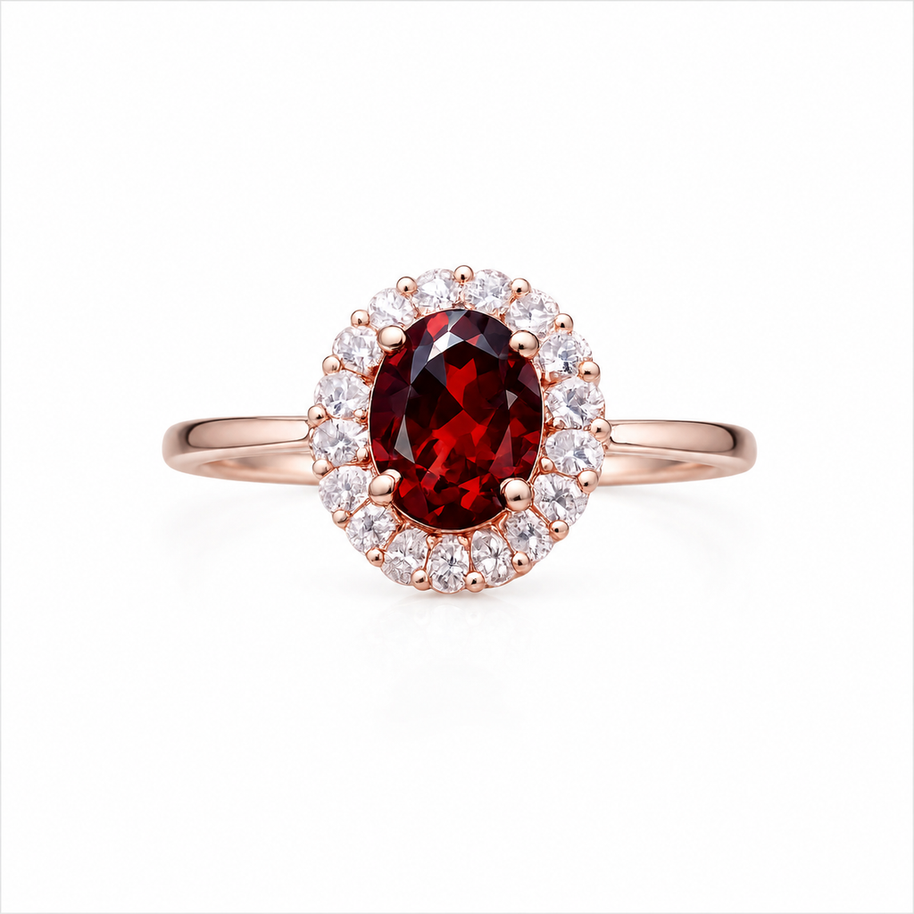 Natural 3 carat 8x10mm oval red garnet halo ring with brilliant cubic zirconia accents in rose gold plated sterling silver.