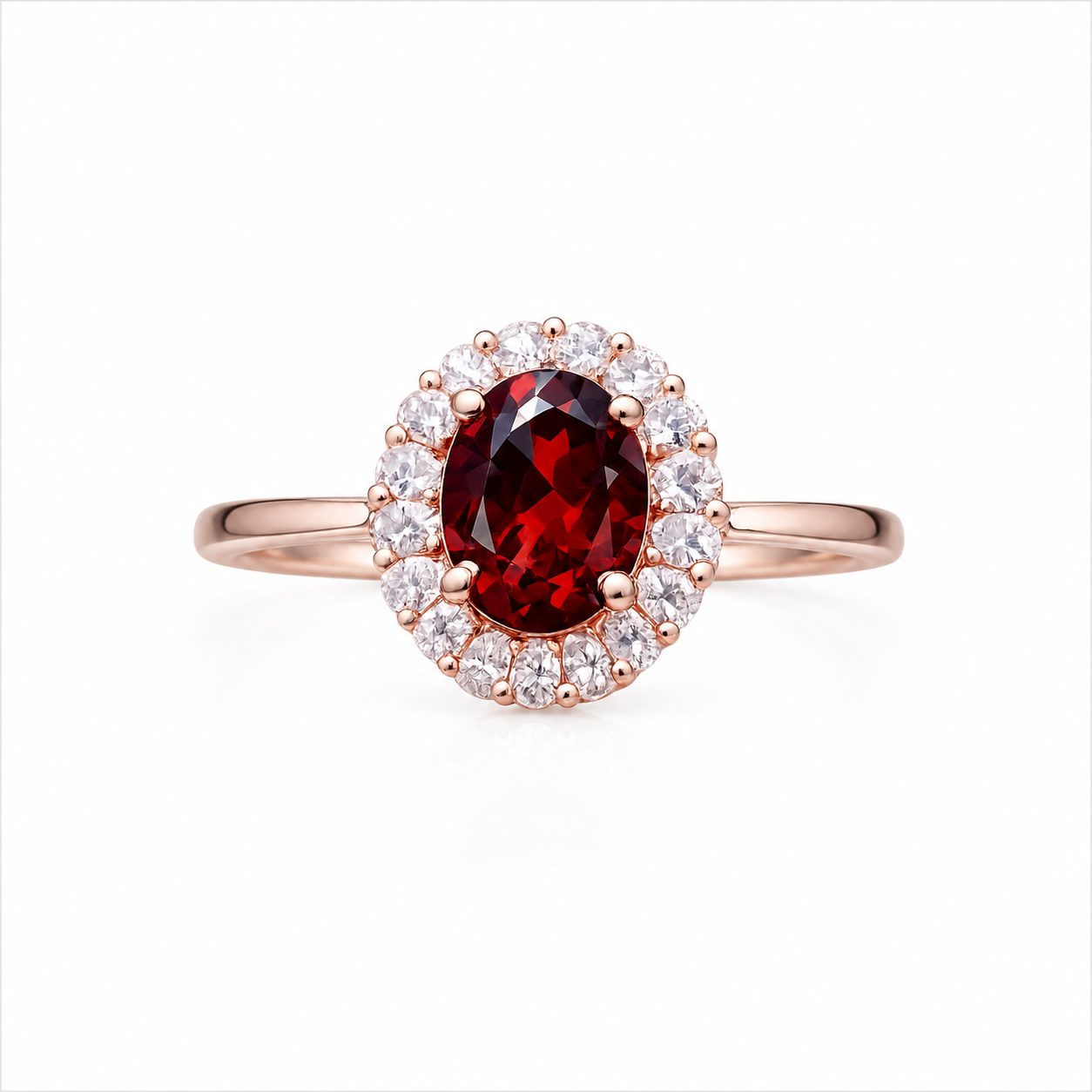 Natural 3 carat 8x10mm oval red garnet halo ring with brilliant cubic zirconia accents in rose gold plated sterling silver.