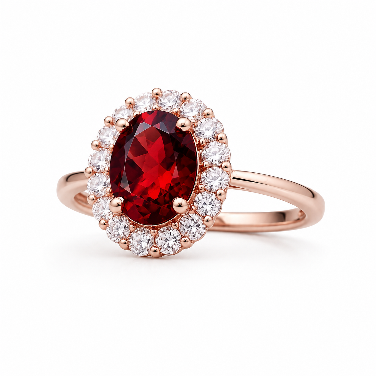 Natural 3 carat 8x10mm oval red garnet halo ring with brilliant cubic zirconia accents in rose gold plated sterling silver.
