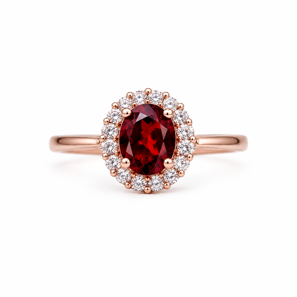 Natural 3 carat 8x10mm oval red garnet halo ring with brilliant cubic zirconia accents in rose gold plated sterling silver.
