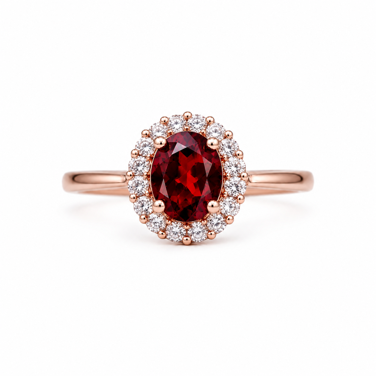 Natural 3 carat 8x10mm oval red garnet halo ring with brilliant cubic zirconia accents in rose gold plated sterling silver.