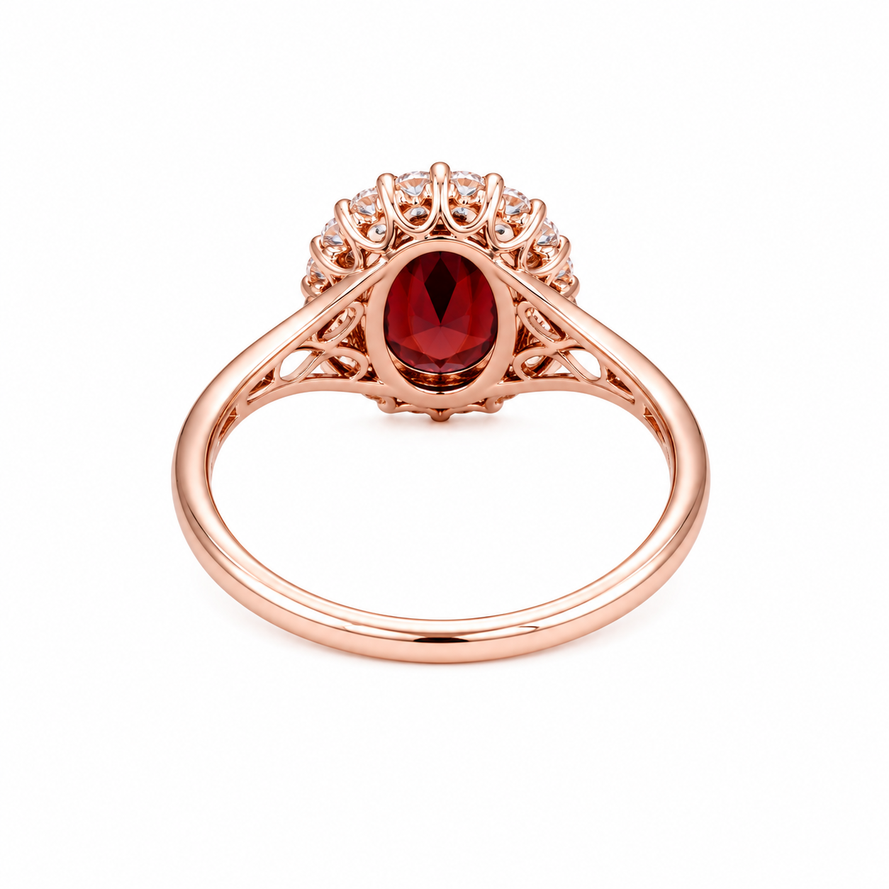 Natural 3 carat 8x10mm oval red garnet halo ring with brilliant cubic zirconia accents in rose gold plated sterling silver.