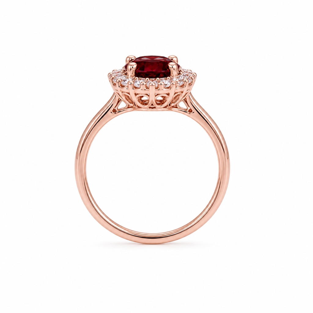Natural 3 carat 8x10mm oval red garnet halo ring with brilliant cubic zirconia accents in rose gold plated sterling silver.