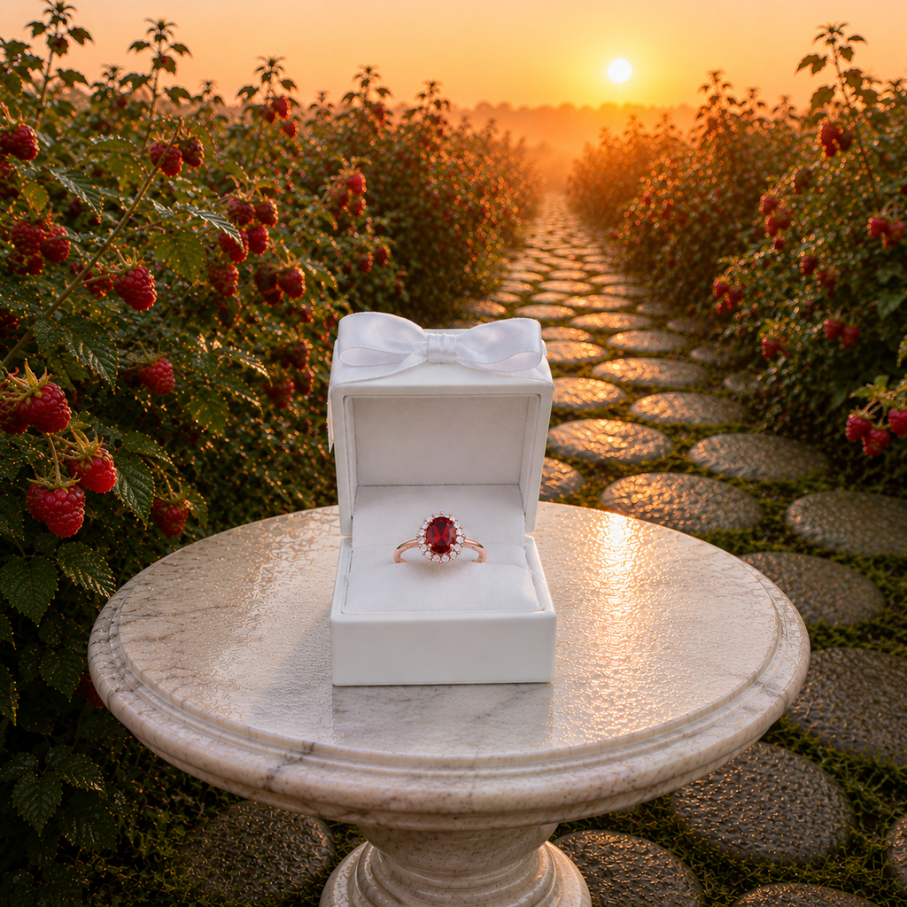 Natural 3 carat 8x10mm oval red garnet halo ring with brilliant cubic zirconia accents in rose gold plated sterling silver.