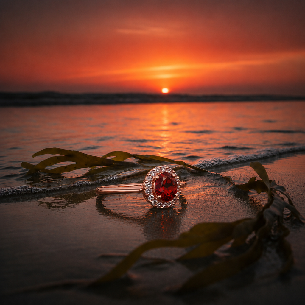 Natural 3 carat 8x10mm oval red garnet halo ring with brilliant cubic zirconia accents in rose gold plated sterling silver.