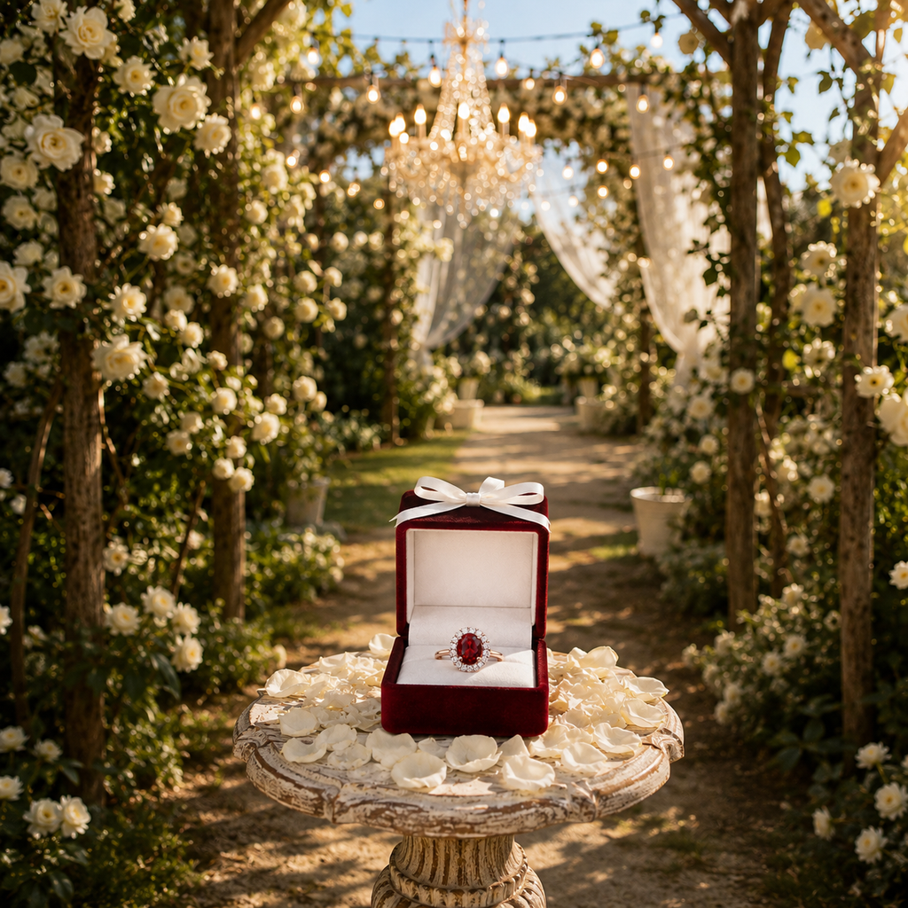 Natural 3 carat 8x10mm oval red garnet halo ring with brilliant cubic zirconia accents in rose gold plated sterling silver.
