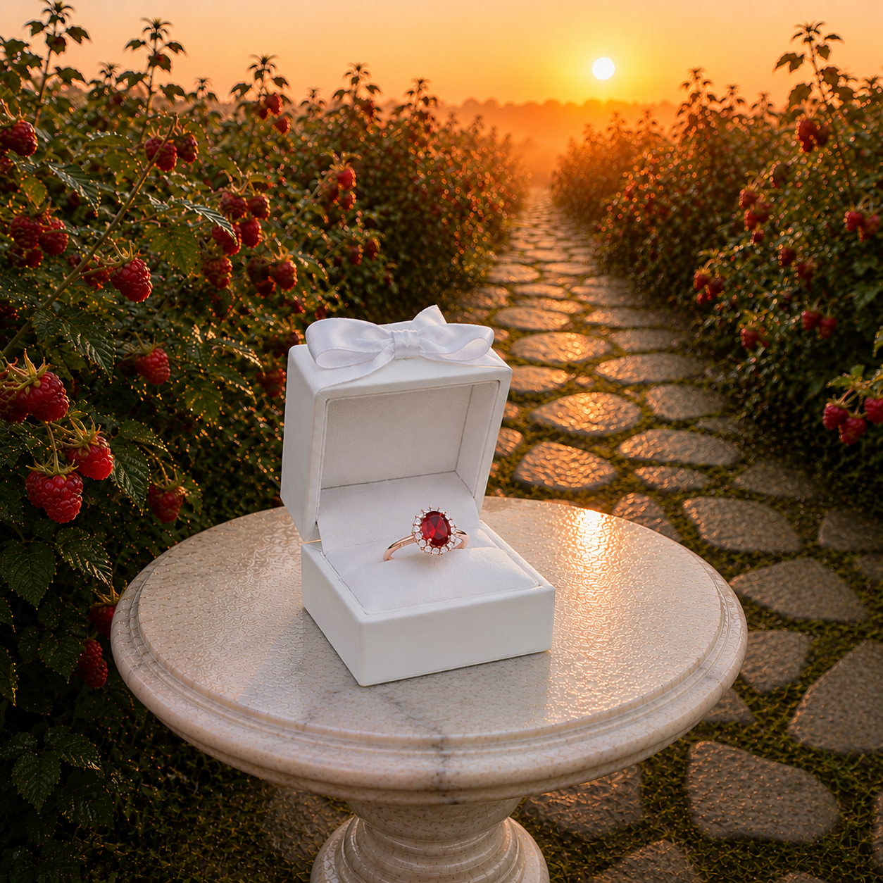 Natural 3 carat 8x10mm oval red garnet halo ring with brilliant cubic zirconia accents in rose gold plated sterling silver.