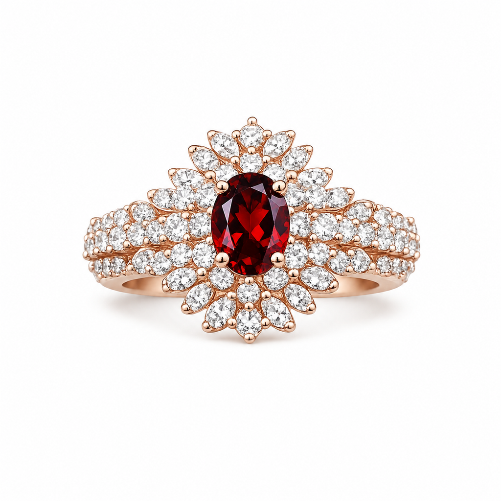 Natural 5x7mm oval red garnet halo ring with brilliant cubic zirconia accents in rose gold plated sterling silver.