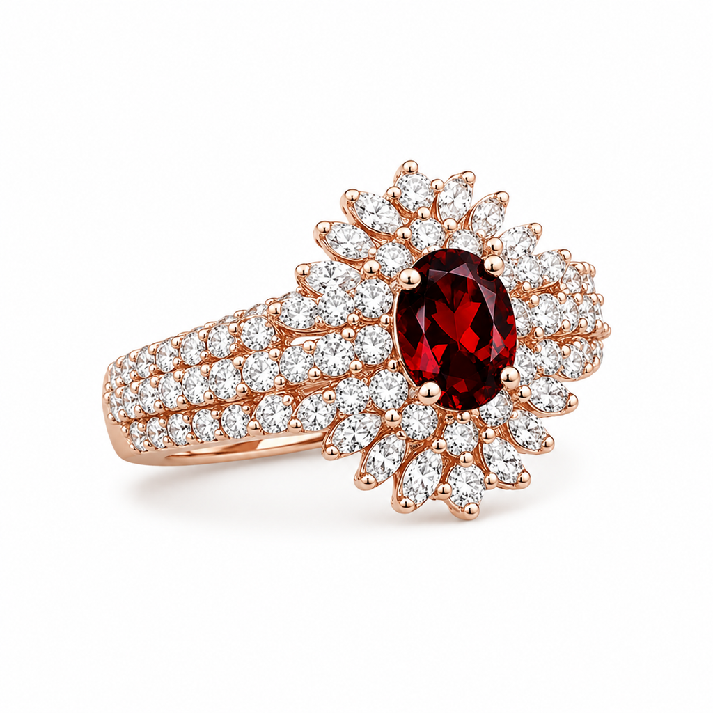 Natural 5x7mm oval red garnet halo ring with brilliant cubic zirconia accents in rose gold plated sterling silver.