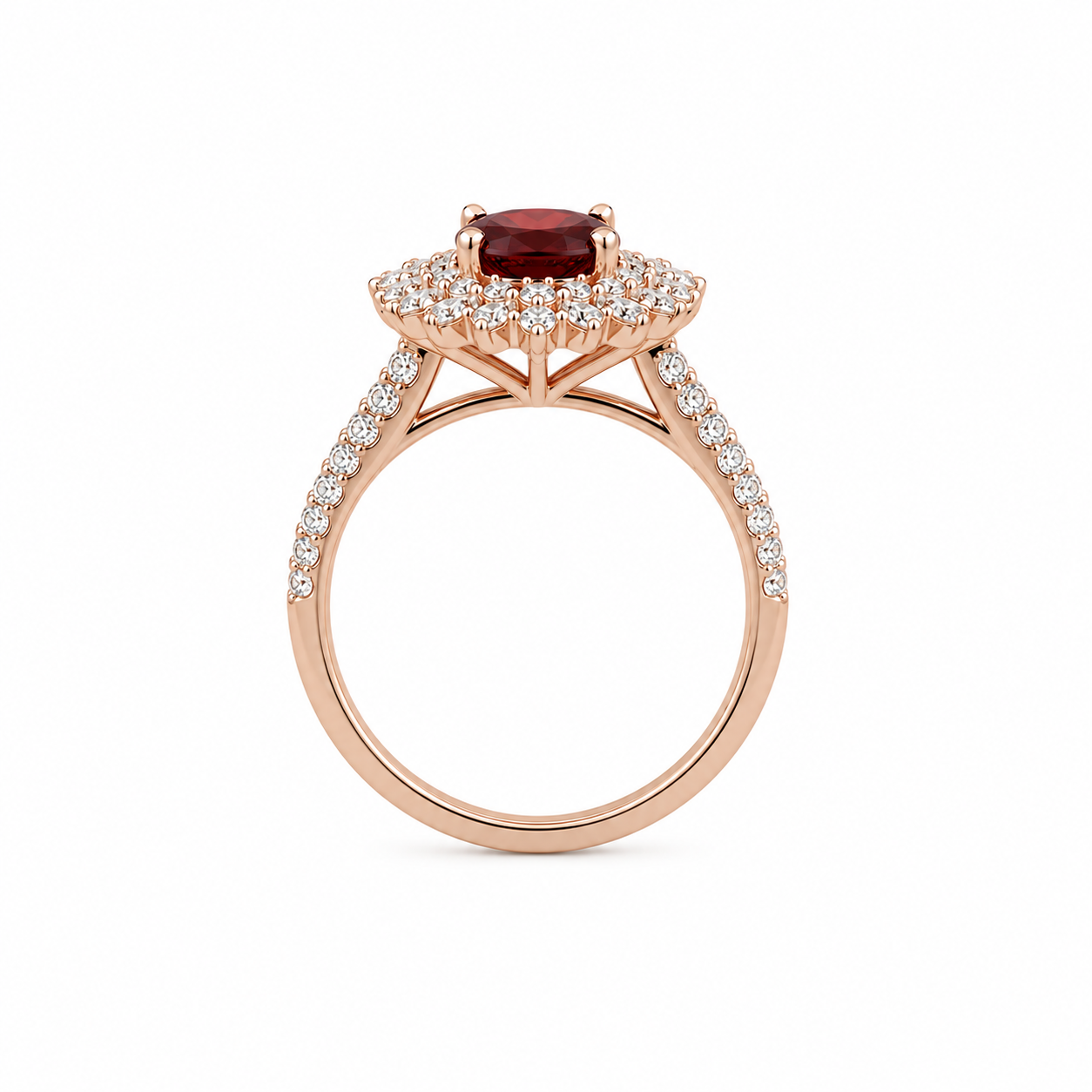 Natural 5x7mm oval red garnet halo ring with brilliant cubic zirconia accents in rose gold plated sterling silver.