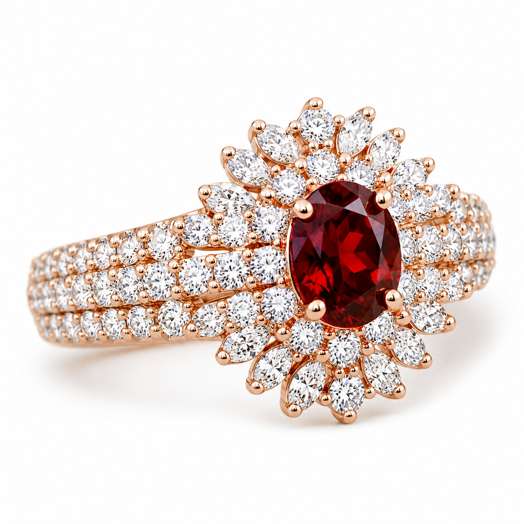 Natural 5x7mm oval red garnet halo ring with brilliant cubic zirconia accents in rose gold plated sterling silver.