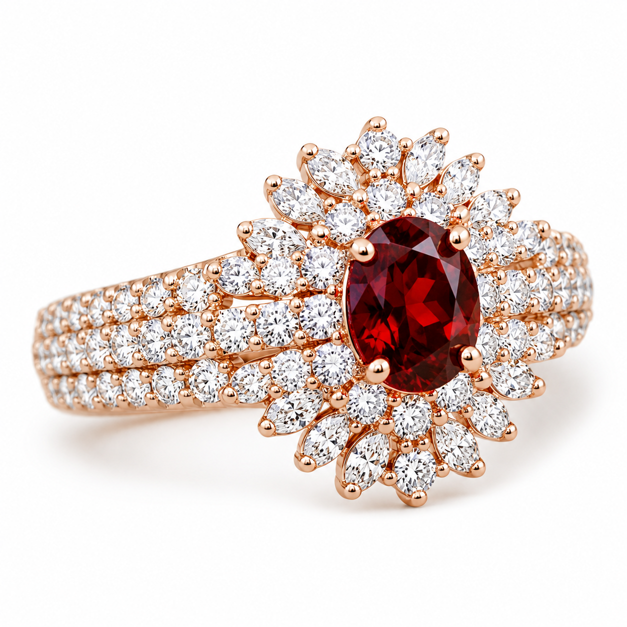 Natural 5x7mm oval red garnet halo ring with brilliant cubic zirconia accents in rose gold plated sterling silver.