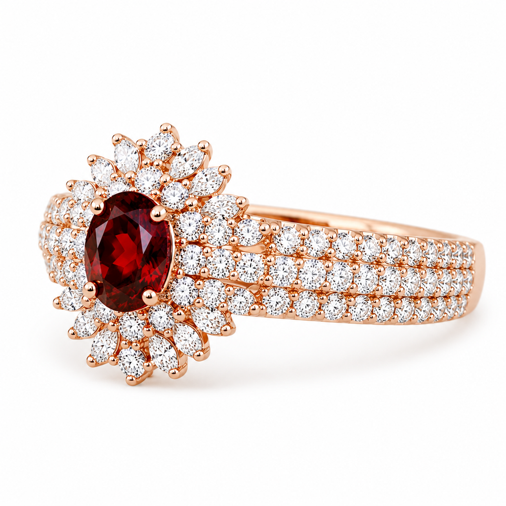 Natural 5x7mm oval red garnet halo ring with brilliant cubic zirconia accents in rose gold plated sterling silver.