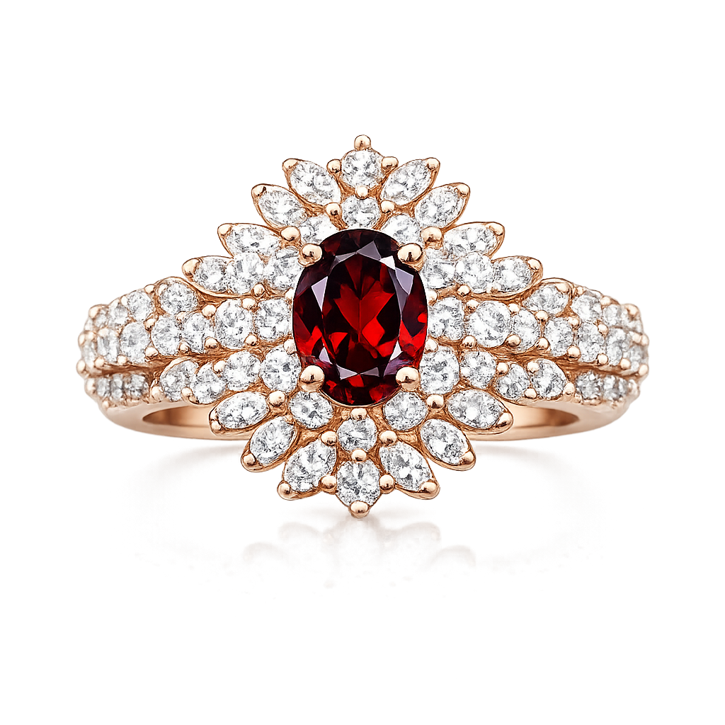 Natural Red Garnet Ring 5x7mm Oval Halo January Birthstone Statement Ring