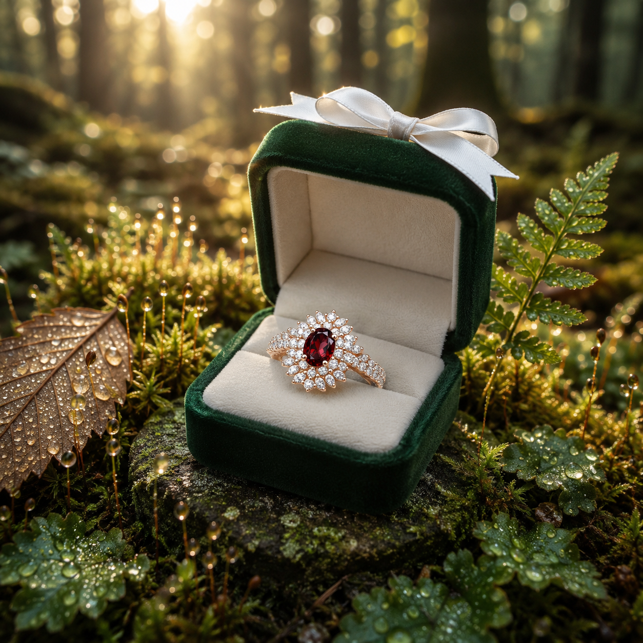 Natural 5x7mm oval red garnet halo ring with brilliant cubic zirconia accents in rose gold plated sterling silver.