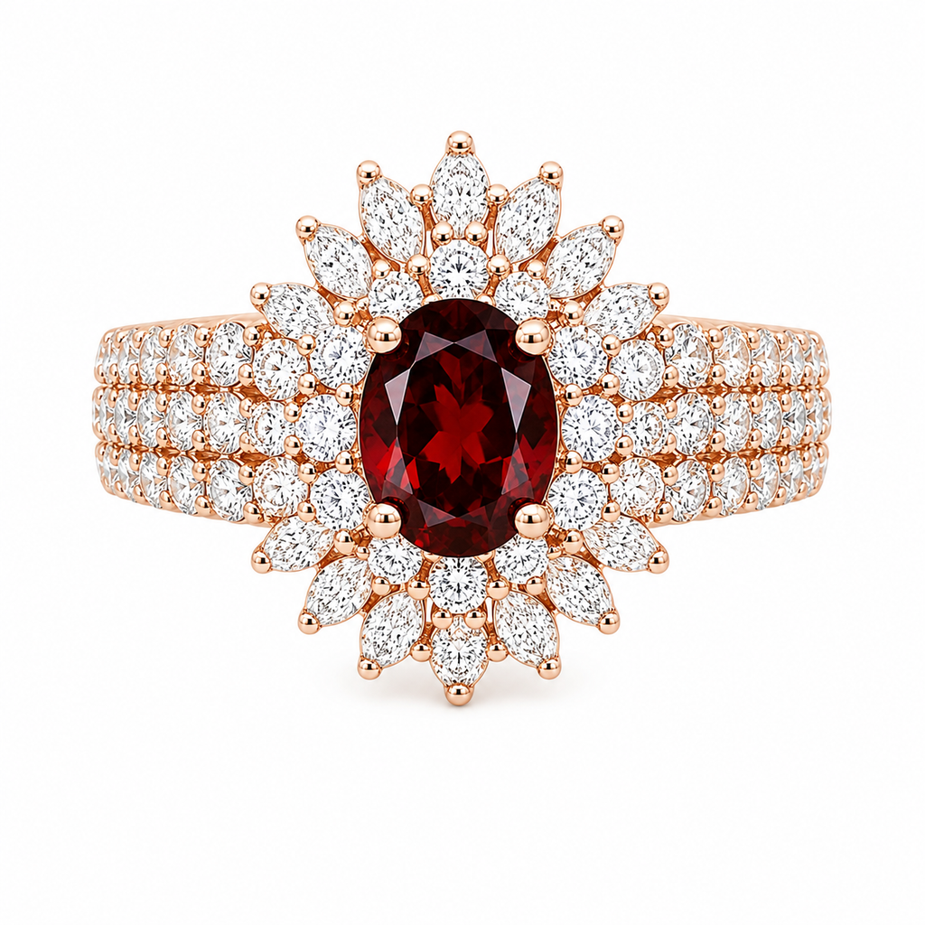 Natural 5x7mm oval red garnet halo ring with brilliant cubic zirconia accents in rose gold plated sterling silver.