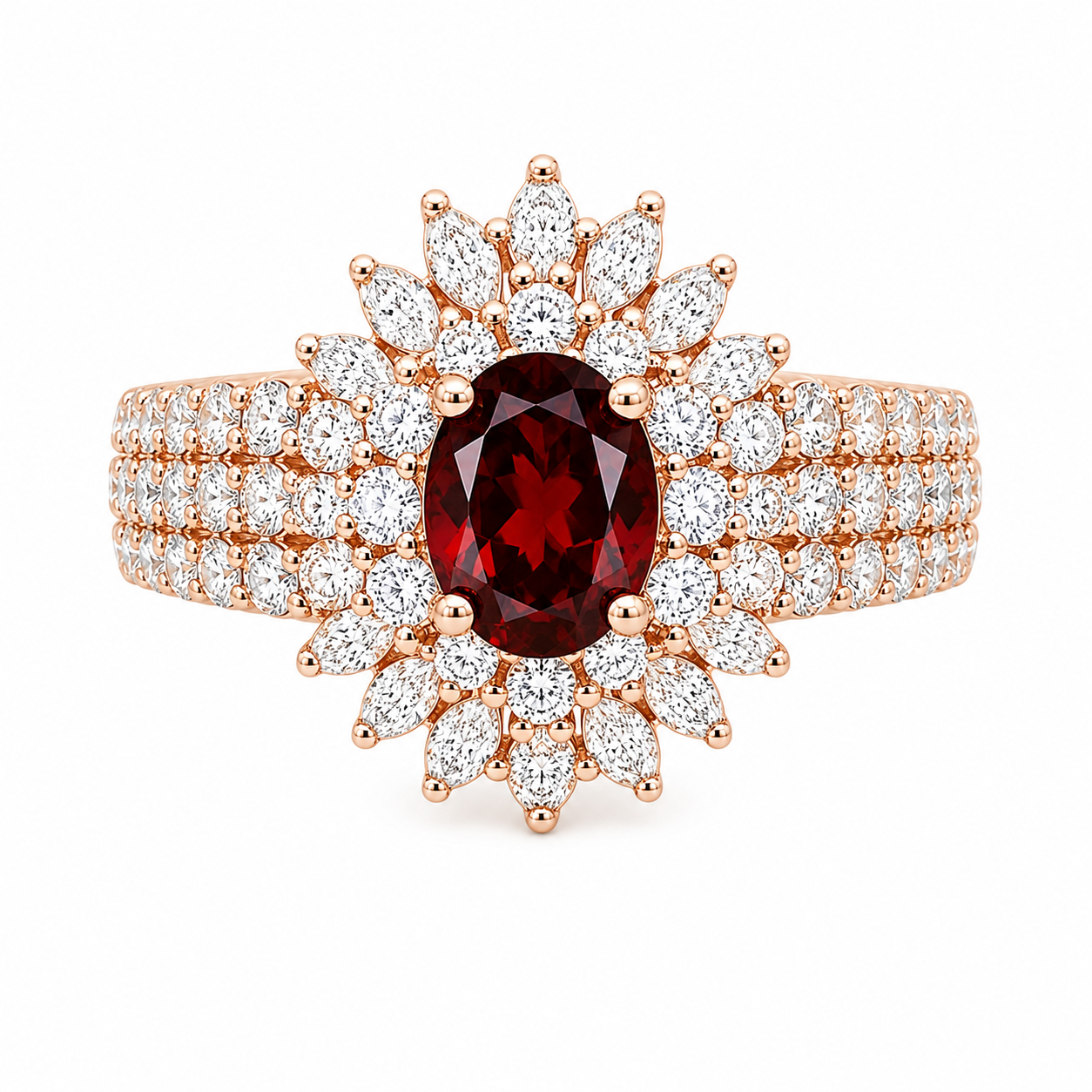 Natural 5x7mm oval red garnet halo ring with brilliant cubic zirconia accents in rose gold plated sterling silver.