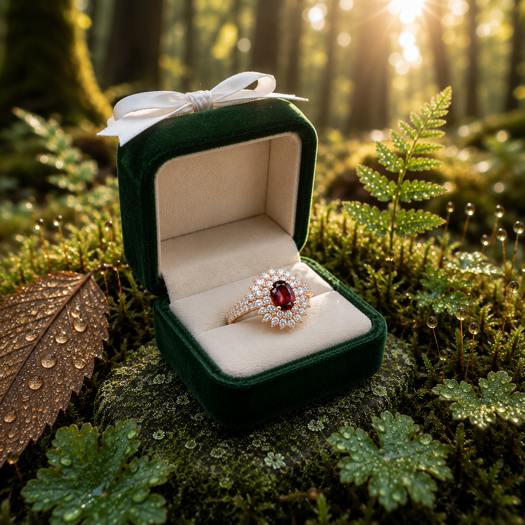 Natural 5x7mm oval red garnet halo ring with brilliant cubic zirconia accents in rose gold plated sterling silver.