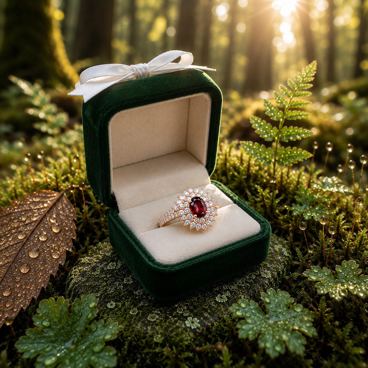 Natural 5x7mm oval red garnet halo ring with brilliant cubic zirconia accents in rose gold plated sterling silver.