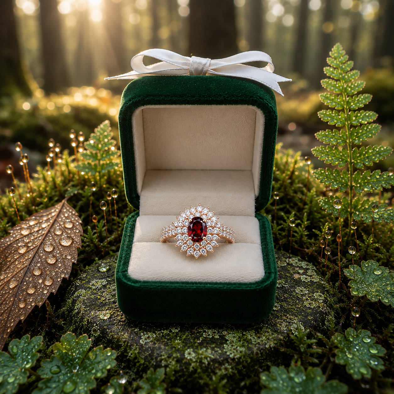 Natural 5x7mm oval red garnet halo ring with brilliant cubic zirconia accents in rose gold plated sterling silver.