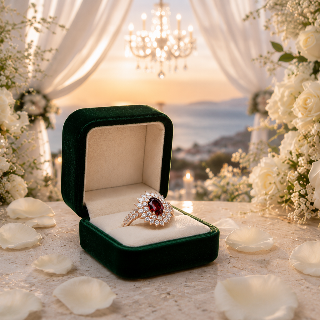 Natural 5x7mm oval red garnet halo ring with brilliant cubic zirconia accents in rose gold plated sterling silver.