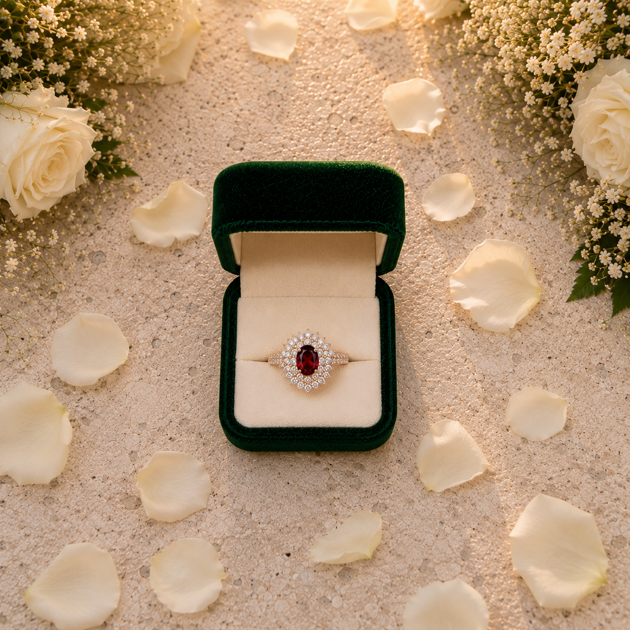 Natural 5x7mm oval red garnet halo ring with brilliant cubic zirconia accents in rose gold plated sterling silver.