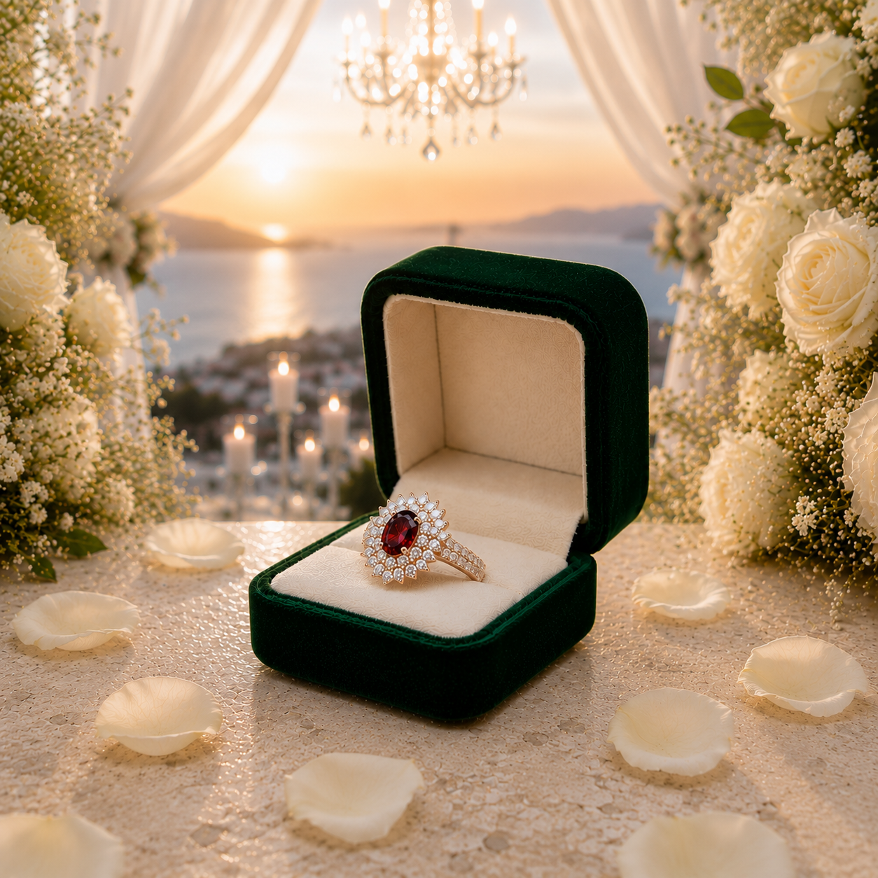 Natural 5x7mm oval red garnet halo ring with brilliant cubic zirconia accents in rose gold plated sterling silver.