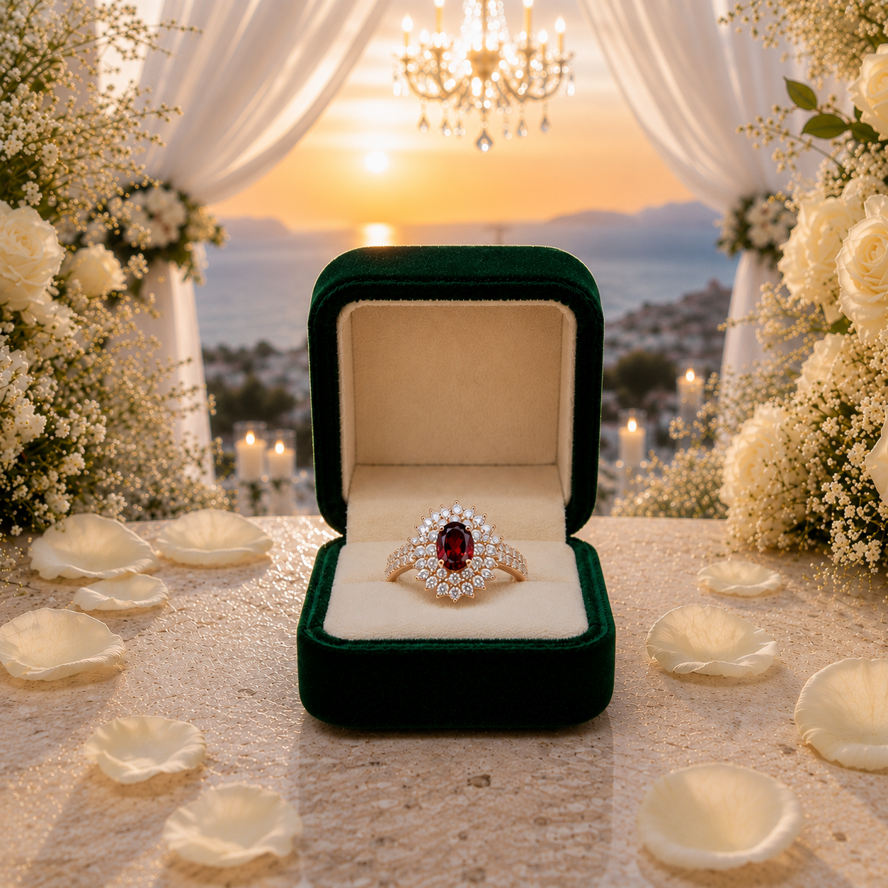 Natural 5x7mm oval red garnet halo ring with brilliant cubic zirconia accents in rose gold plated sterling silver.