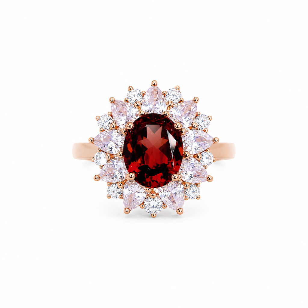 Natural 7x9mm oval red garnet halo ring featuring brilliant cubic zirconia accents in a rose gold plated sterling silver setting.
