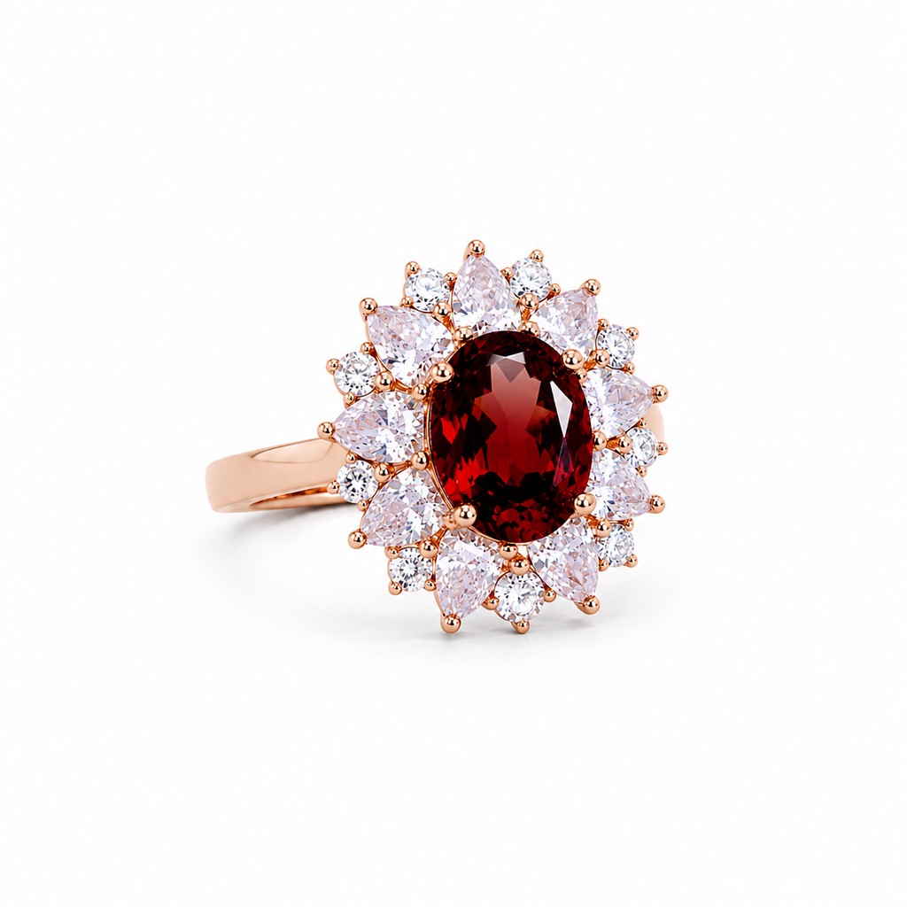 Natural 7x9mm oval red garnet halo ring featuring brilliant cubic zirconia accents in a rose gold plated sterling silver setting.
