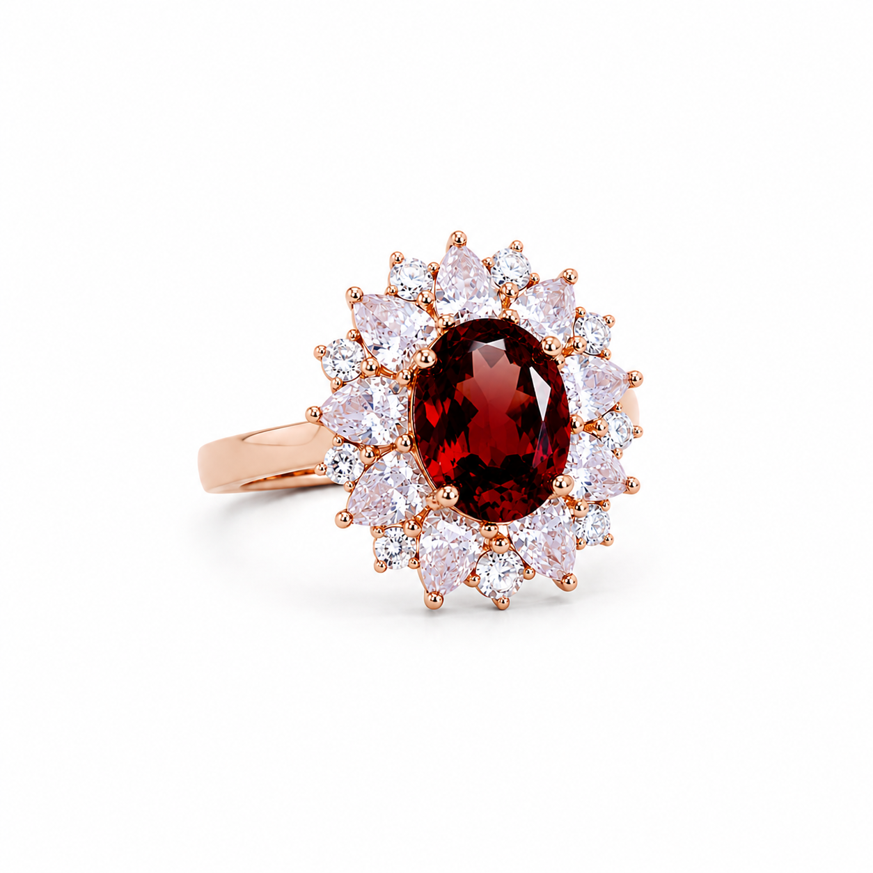 Natural 7x9mm oval red garnet halo ring featuring brilliant cubic zirconia accents in a rose gold plated sterling silver setting.