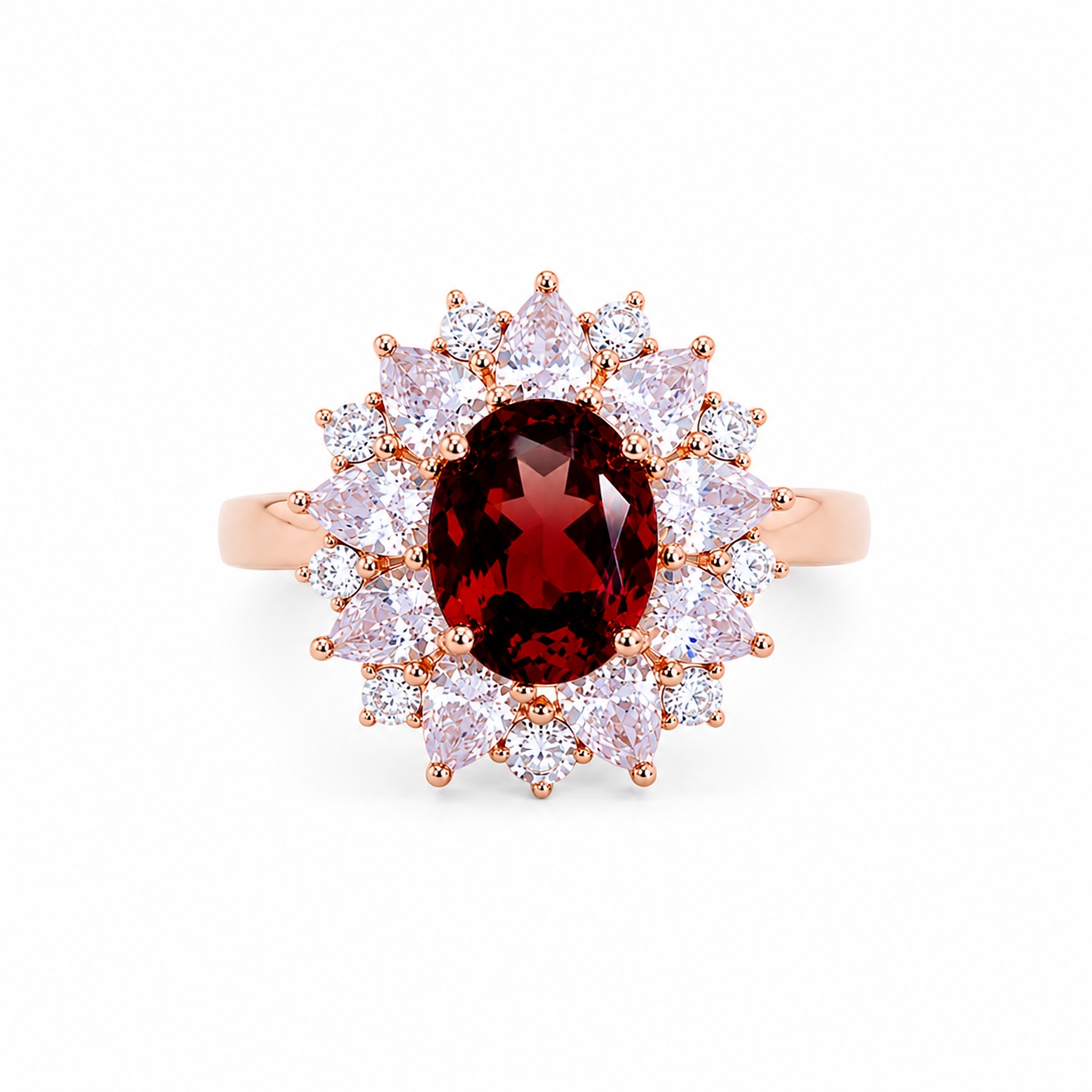 Natural 7x9mm oval red garnet halo ring featuring brilliant cubic zirconia accents in a rose gold plated sterling silver setting.