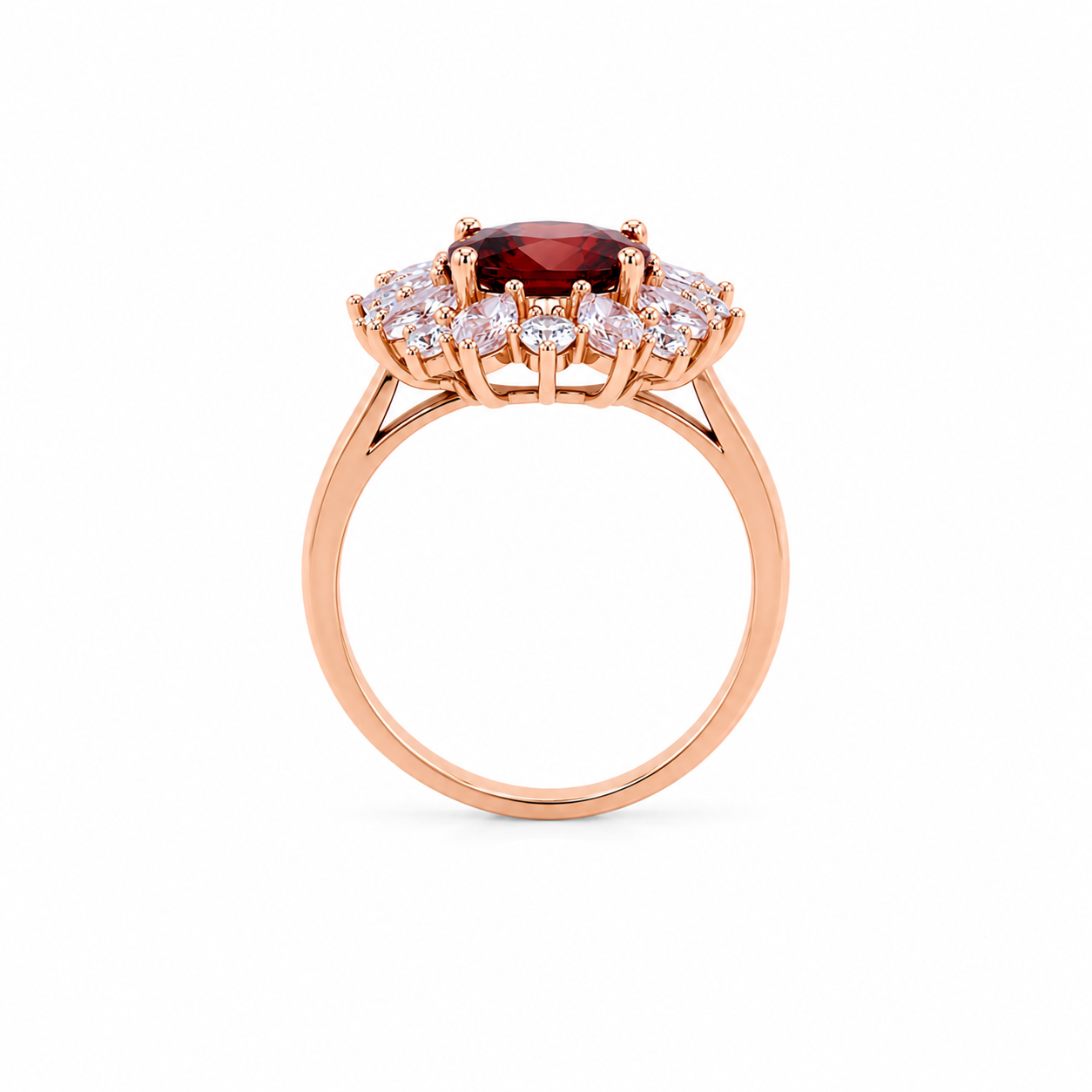 Natural 7x9mm oval red garnet halo ring featuring brilliant cubic zirconia accents in a rose gold plated sterling silver setting.