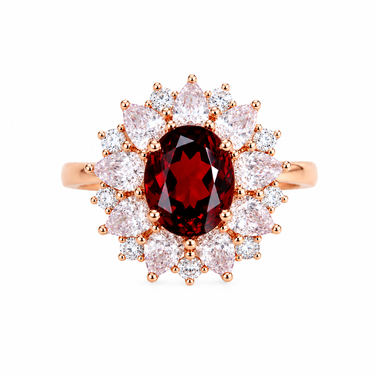 Natural 7x9mm oval red garnet halo ring featuring brilliant cubic zirconia accents in a rose gold plated sterling silver setting.
