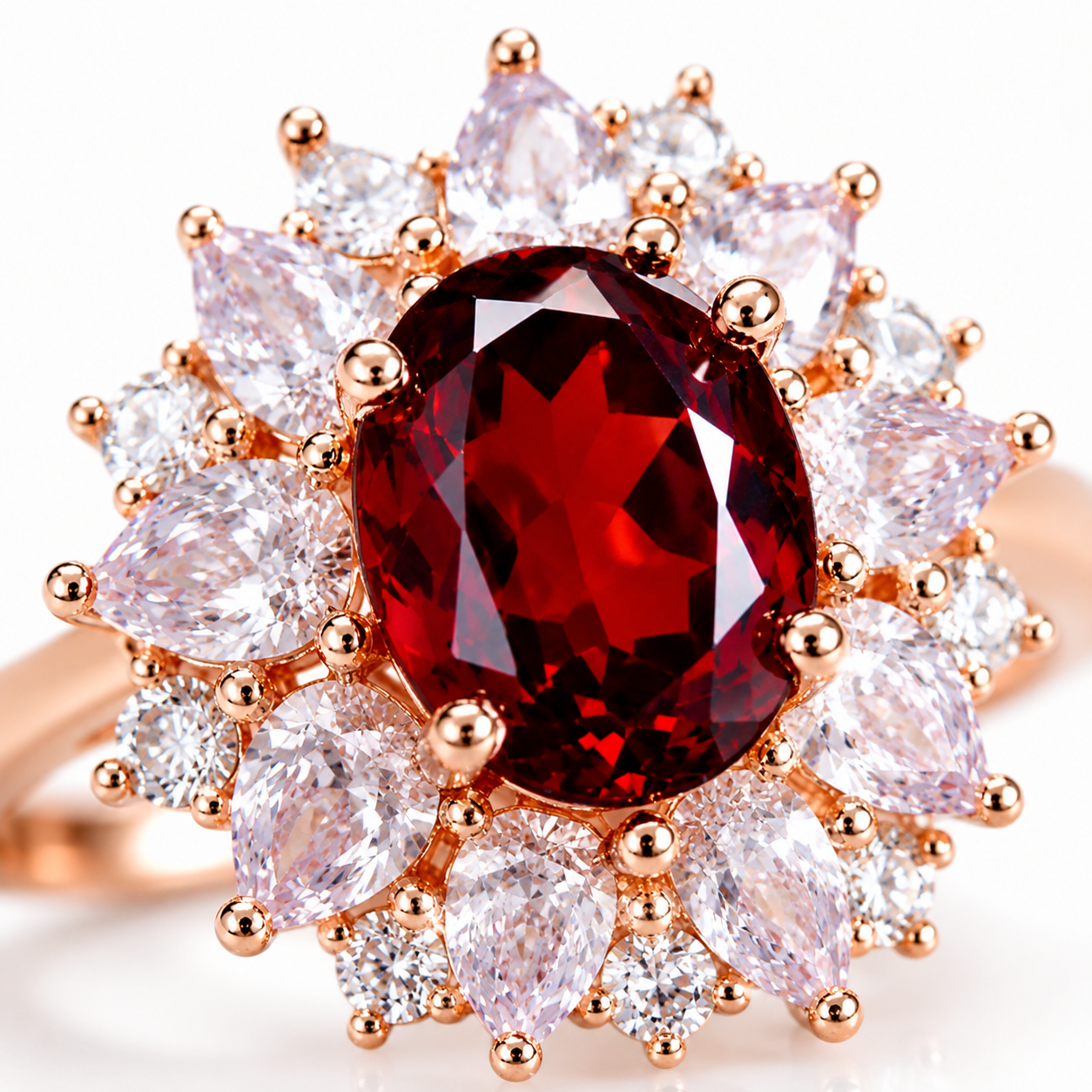 Natural 7x9mm oval red garnet halo ring featuring brilliant cubic zirconia accents in a rose gold plated sterling silver setting.