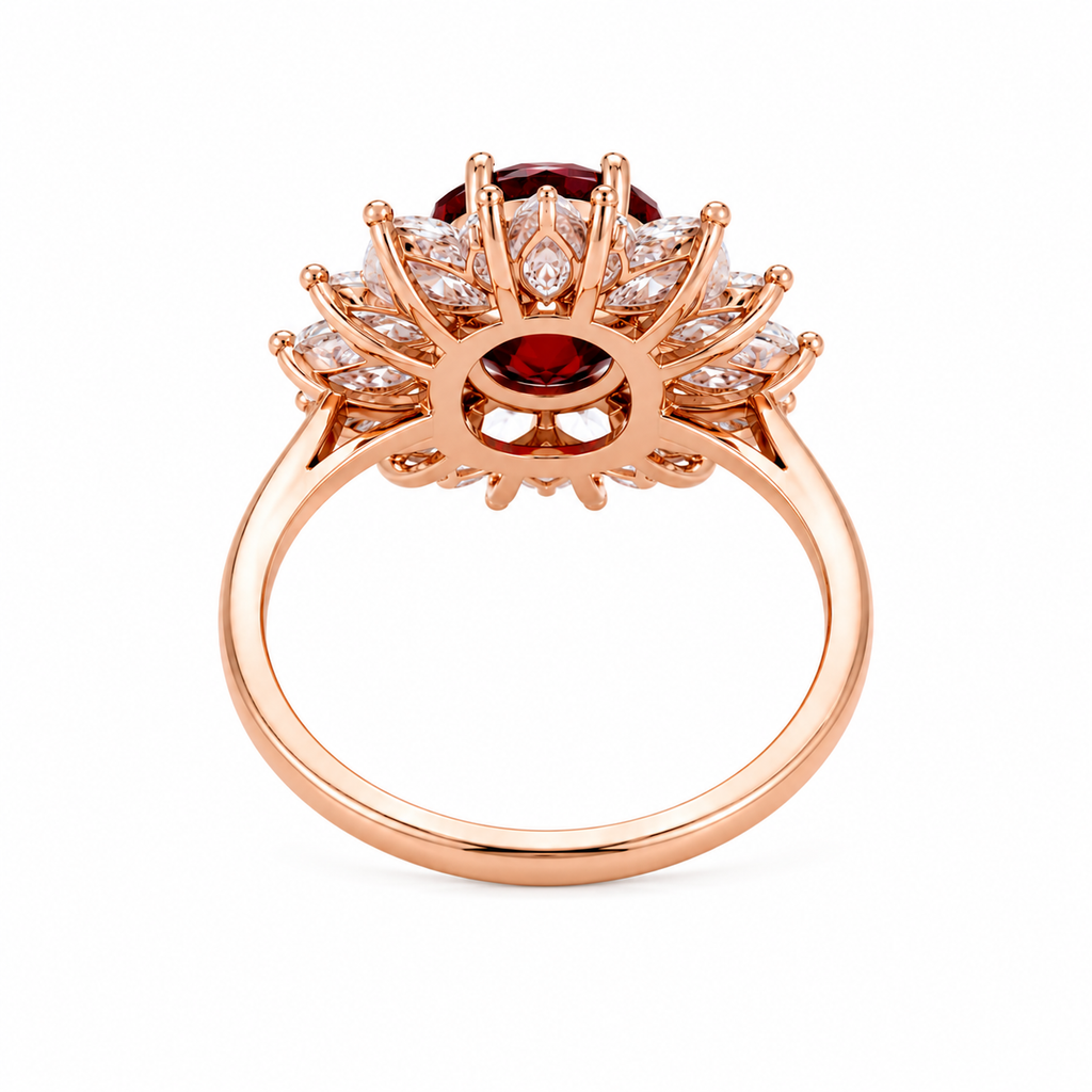 Natural 7x9mm oval red garnet halo ring featuring brilliant cubic zirconia accents in a rose gold plated sterling silver setting.