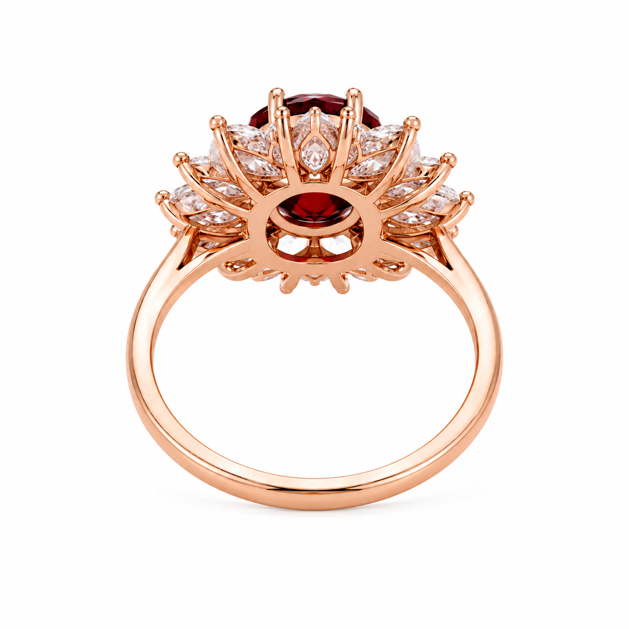 Natural 7x9mm oval red garnet halo ring featuring brilliant cubic zirconia accents in a rose gold plated sterling silver setting.