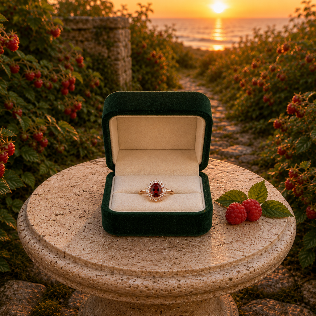 Natural 7x9mm oval red garnet halo ring featuring brilliant cubic zirconia accents in a rose gold plated sterling silver setting.