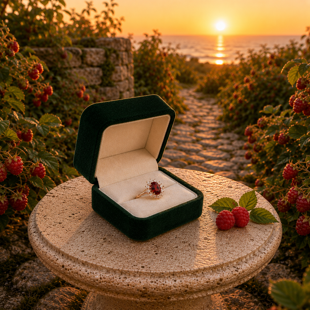 Natural 7x9mm oval red garnet halo ring featuring brilliant cubic zirconia accents in a rose gold plated sterling silver setting.