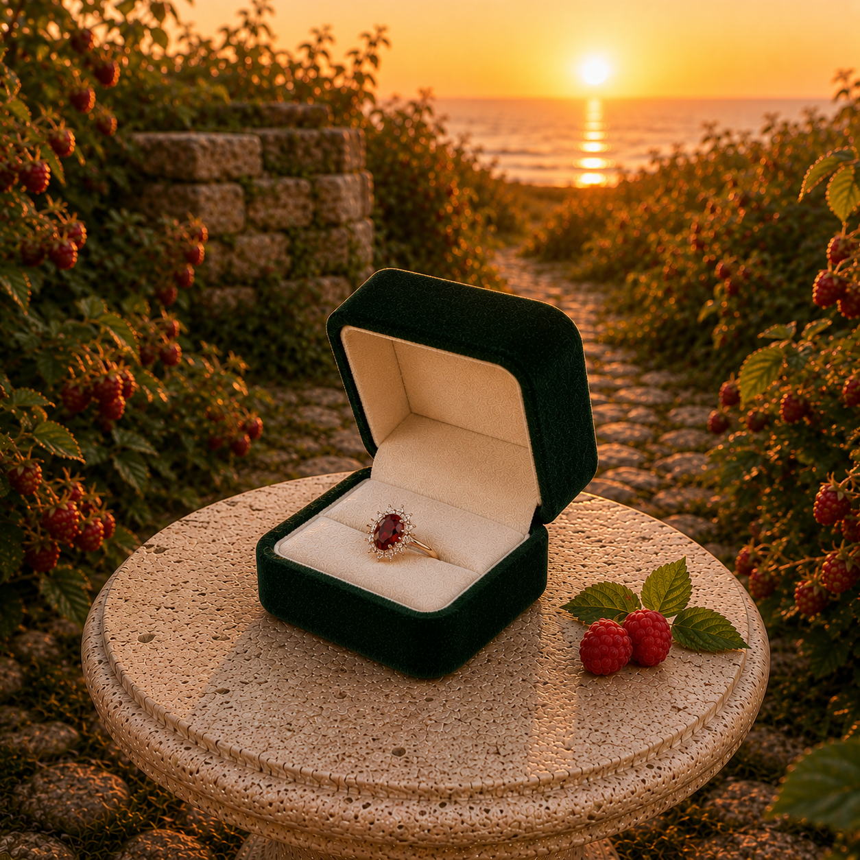 Natural 7x9mm oval red garnet halo ring featuring brilliant cubic zirconia accents in a rose gold plated sterling silver setting.