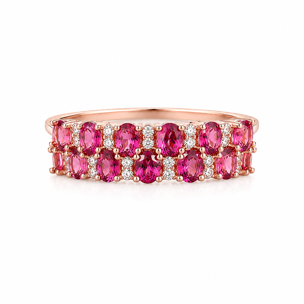 Natural Pink Citrine Double Layer Band Ring with 3x4mm Gemstones in 925 Sterling Silver – Phimsera