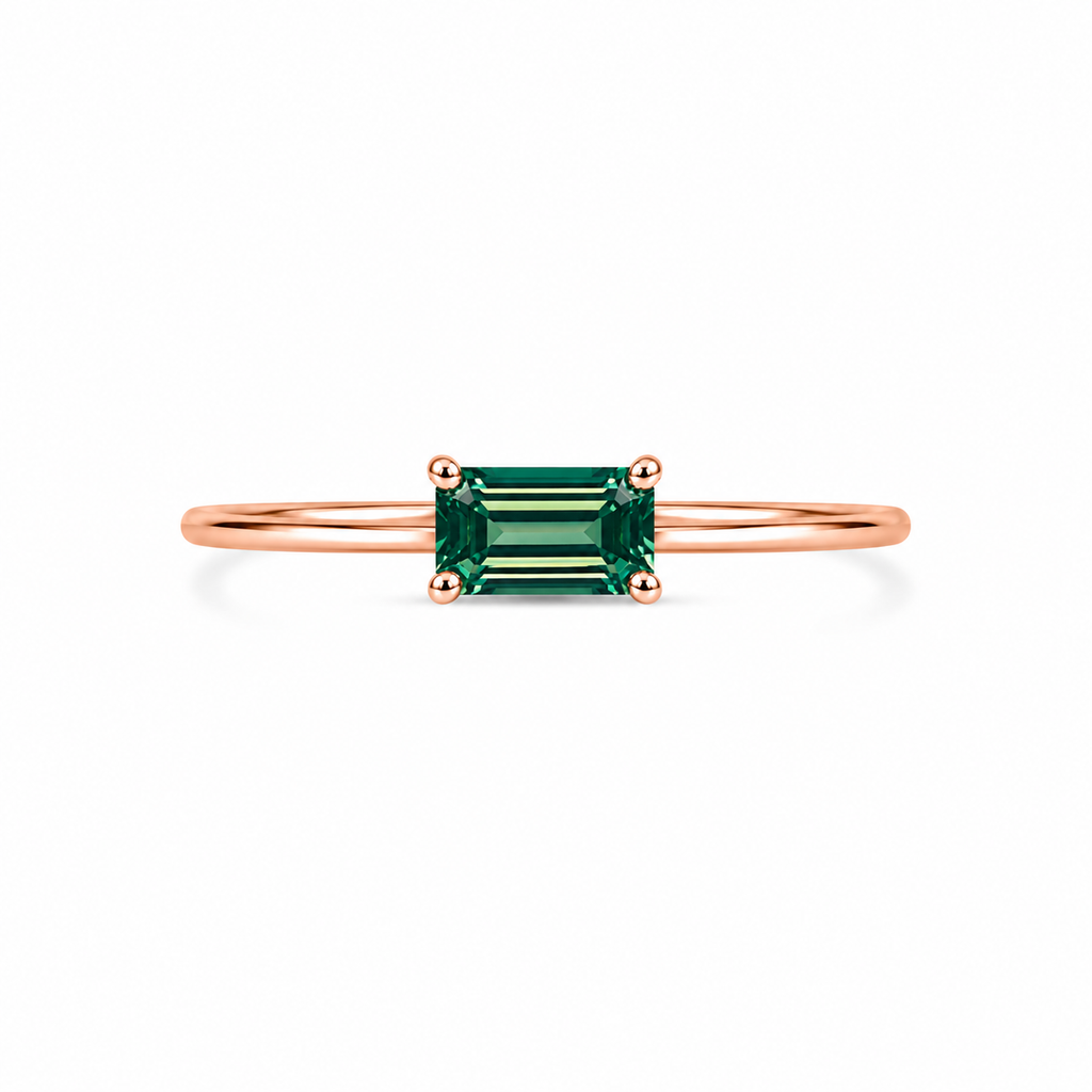 1 Carat Emerald Cut Green Moissanite Ring, Horizontal Green Moissanite Ring